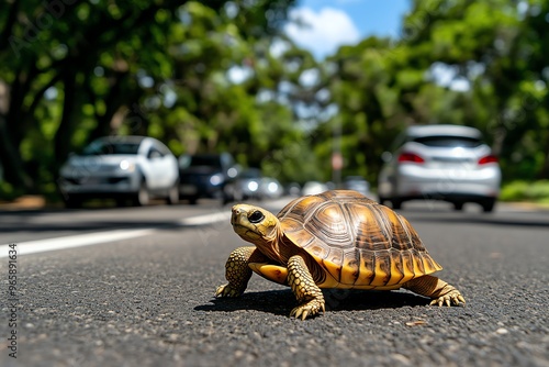Turtle crossing the road, moving cautiously and patiently as cars slow down to let it pass safely
