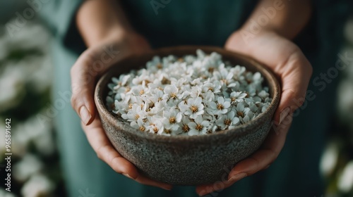 A close-up image of hands gently holding a rustic ceramic bowl filled to the brim with delicate small white flowers, symbolizing care, beauty, and the simple joys of nature.