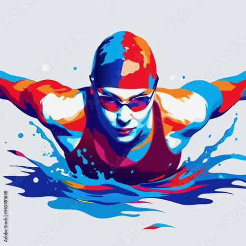 Determined Swimmer with Dynamic Motion Splash in Vibrant Colors