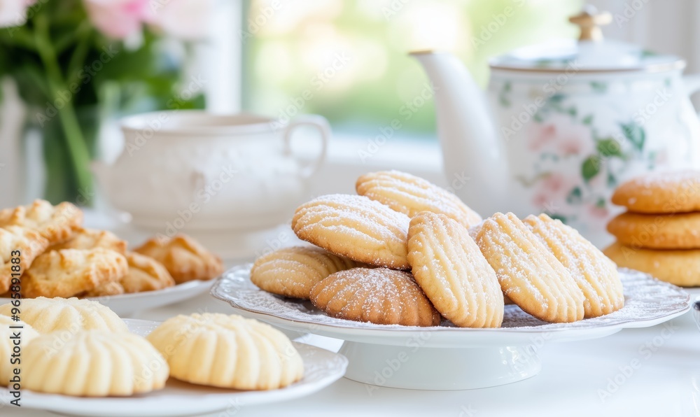 Charming French kitchen table set with assorted cookies and pastries, served with tea, in an elegant and light setting Charming French kitchen table set with assorted cookies and pastries, served with tea, in an elegant and light setting