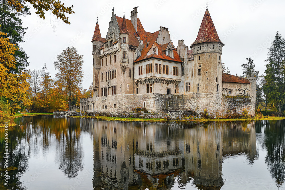 A traditional castle surrounded by serene moat reflects beautifully in calm water, framed by autumn foliage. scene evokes sense of history and tranquility A traditional castle surrounded by serene moat reflects beautifully in calm water, framed by autumn foliage. scene evokes sense of history and tranquility