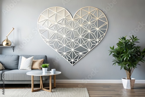 Elegant heart shaped vinyl sticker for wall decor with geometric pattern and silver tone photo