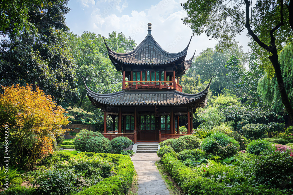 A traditional Chinese pagoda stands gracefully amidst lush gardens, showcasing intricate architecture and vibrant greenery. serene atmosphere invites tranquility and reflection A traditional Chinese pagoda stands gracefully amidst lush gardens, showcasing intricate architecture and vibrant greenery. serene atmosphere invites tranquility and reflection