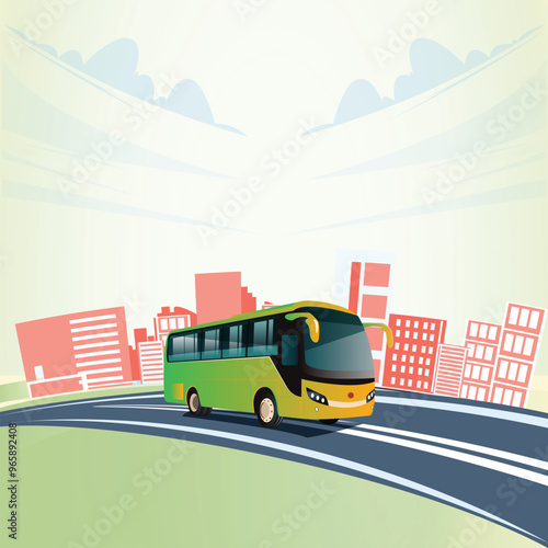 The bus rides along the city road against the background of houses