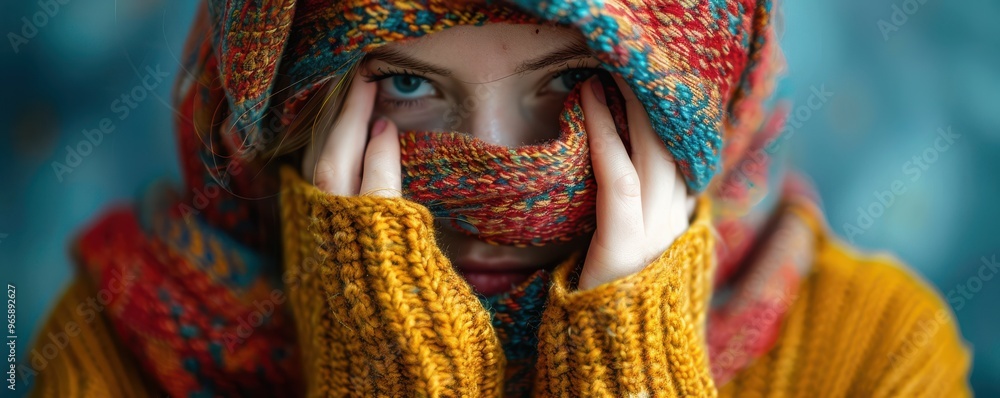 Close-up of a woman with blue eyes, partially covered by a grey knitted garment, expressing a sense of mystery and introspection. Free copy space for banner. Close-up of a woman with blue eyes, partially covered by a grey knitted garment, expressing a sense of mystery and introspection. Free copy space for banner.