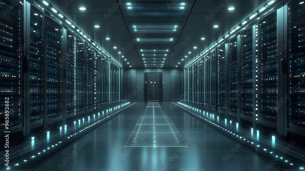 Server room with rows of servers and data racks, showcasing a professional environment for data analysis. 3D realistic rendering emphasizes the sleek, high-tech equipment and the organized layout. Server room with rows of servers and data racks, showcasing a professional environment for data analysis. 3D realistic rendering emphasizes the sleek, high-tech equipment and the organized layout.