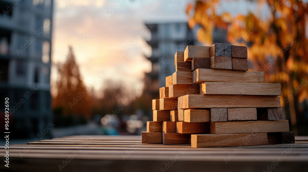 A stack of neatly arranged wooden planks on an outdoor surface during a sunset, with buildings in the background. A stack of neatly arranged wooden planks on an outdoor surface during a sunset, with buildings in the background.