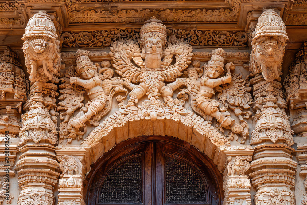 Fototapeta premium Intricate carvings adorn entrance of traditional Indian palace, showcasing detailed craftsmanship and cultural artistry. ornate designs reflect rich heritage and architectural beauty of India