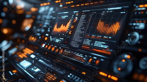 Detailed view of a computer screen filled with data analysis information and graphic resources. 3D rendering showcases the powered state of the computer and the clarity of the data presentation in a