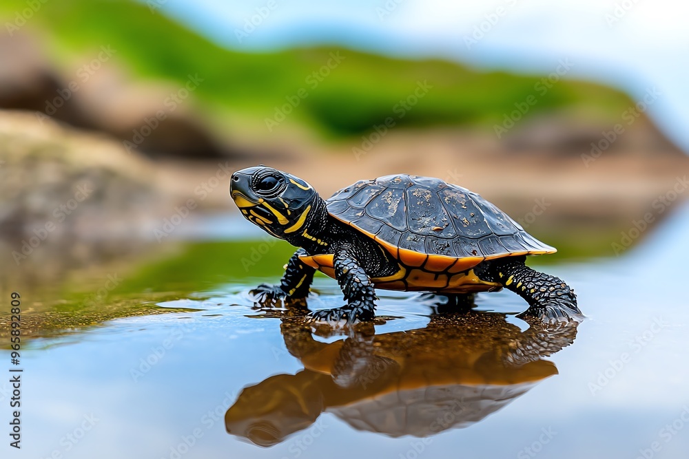 Turtle exploring a tide pool, investigating the small creatures that live within the shallow waters Turtle exploring a tide pool, investigating the small creatures that live within the shallow waters