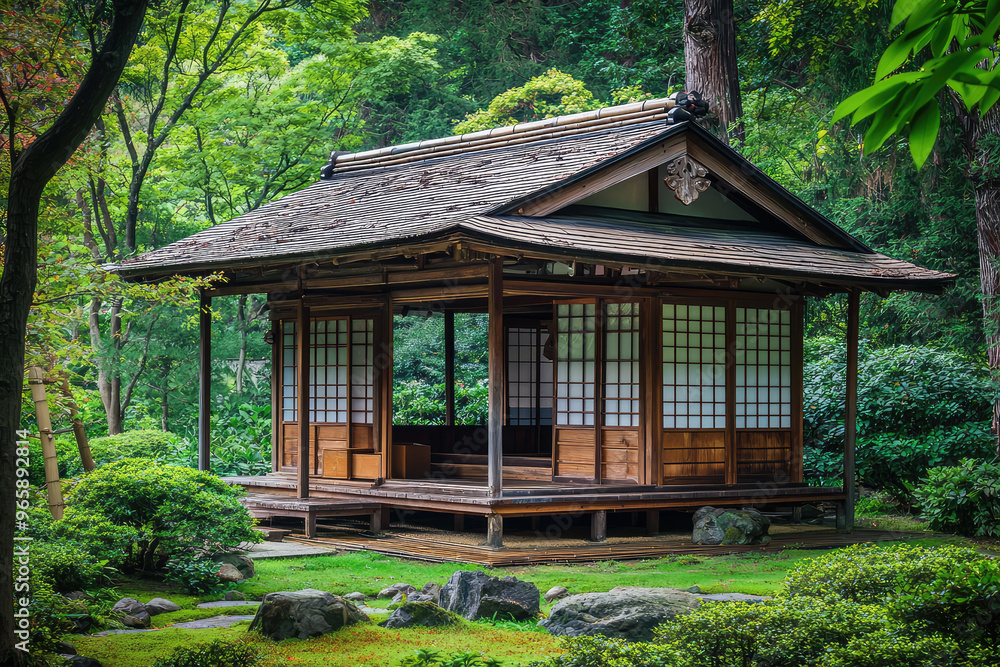 A traditional Japanese tea house nestled in serene garden, surrounded by lush greenery and tranquil rocks, offers peaceful retreat. architecture reflects classic Japanese design, inviting relaxation a A traditional Japanese tea house nestled in serene garden, surrounded by lush greenery and tranquil rocks, offers peaceful retreat. architecture reflects classic Japanese design, inviting relaxation a