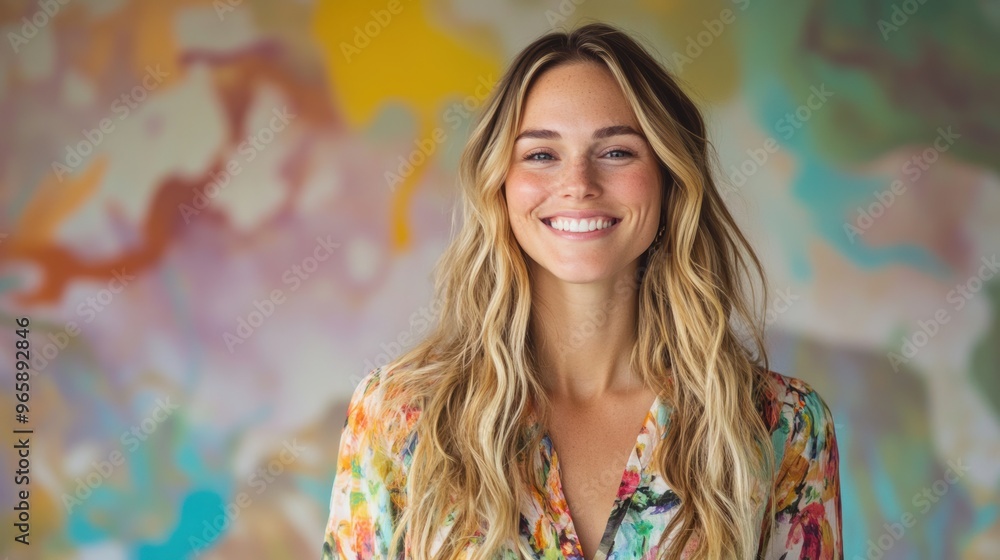 Joyful caucasian blonde woman is surrounded by vibrant marble texture colorful background and some.bokeh lights, her smile full of energy. The playful scene fits themes of celebration and fun. Joyful caucasian blonde woman is surrounded by vibrant marble texture colorful background and some.bokeh lights, her smile full of energy. The playful scene fits themes of celebration and fun.