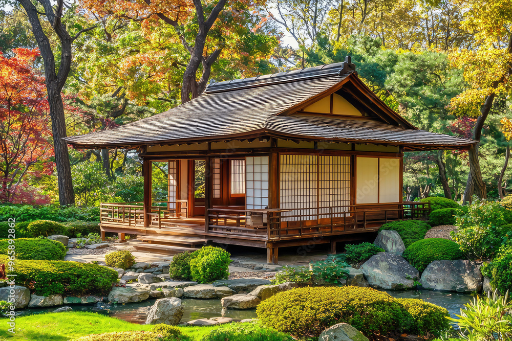 A traditional Japanese tea house nestled in serene garden, surrounded by lush greenery and vibrant autumn foliage. peaceful atmosphere invites relaxation and reflection A traditional Japanese tea house nestled in serene garden, surrounded by lush greenery and vibrant autumn foliage. peaceful atmosphere invites relaxation and reflection