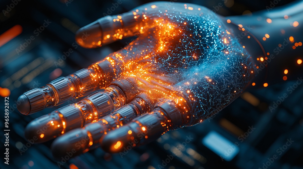 Futuristic Robotic Hand with Glowing Circuitry and Network Connections Futuristic Robotic Hand with Glowing Circuitry and Network Connections