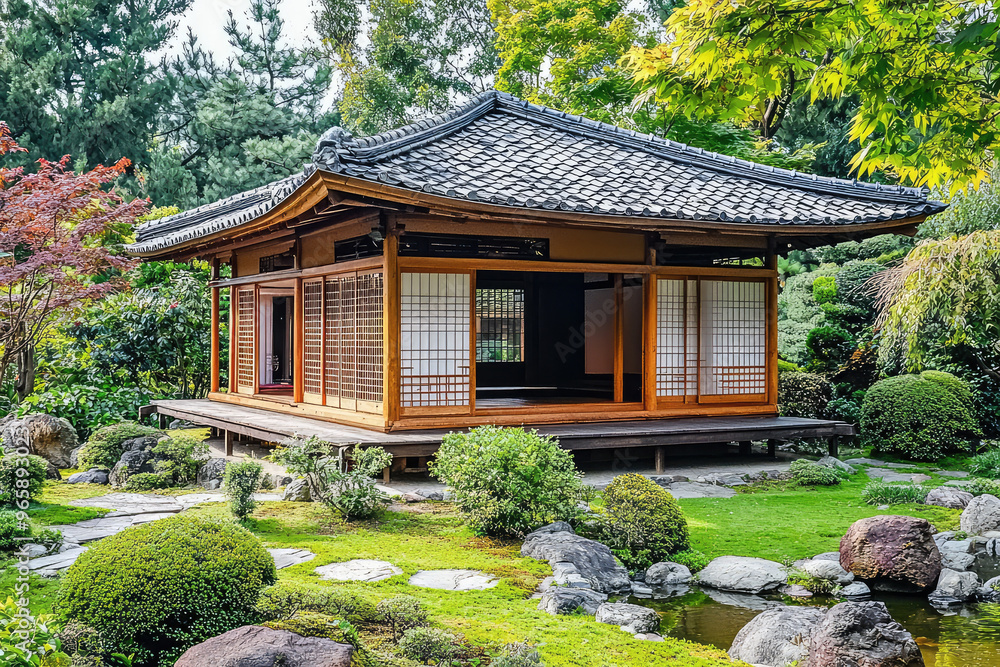 A traditional Japanese tea house nestled in serene garden, surrounded by lush greenery and carefully arranged stones, creating peaceful atmosphere A traditional Japanese tea house nestled in serene garden, surrounded by lush greenery and carefully arranged stones, creating peaceful atmosphere
