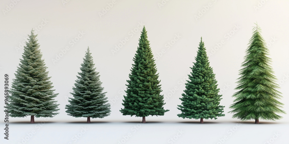 Obraz premium Realistic Christmas Trees of Different Sizes and Shapes on White Background