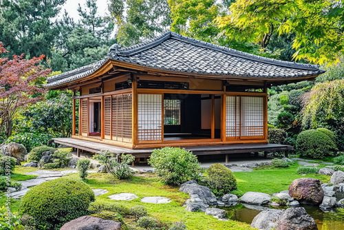 A traditional Japanese tea house nestled in serene garden, surrounded by lush greenery and carefully arranged stones, creating peaceful atmosphere