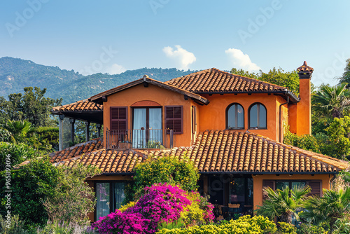 A traditional Mediterranean villa with terracotta roof, surrounded by vibrant flowers and lush greenery, set against backdrop of mountains and blue skies. warm colors and charming architecture evoke s