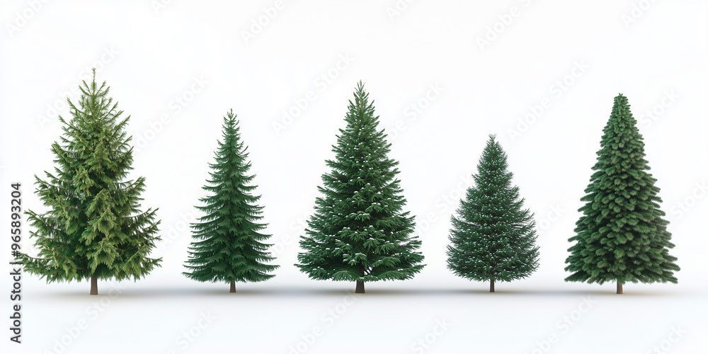 Realistic Christmas Trees of Different Sizes and Shapes on White Background Realistic Christmas Trees of Different Sizes and Shapes on White Background