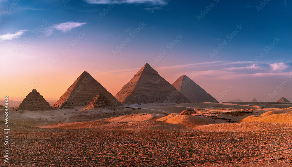Egyptian pyramids at dusk, mystical glow on ancient stone structures. Historical monument. Egyptian pyramids at dusk, mystical glow on ancient stone structures. Historical monument.