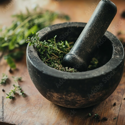 Close-up of a stone mortar and pestle with fresh herbs.