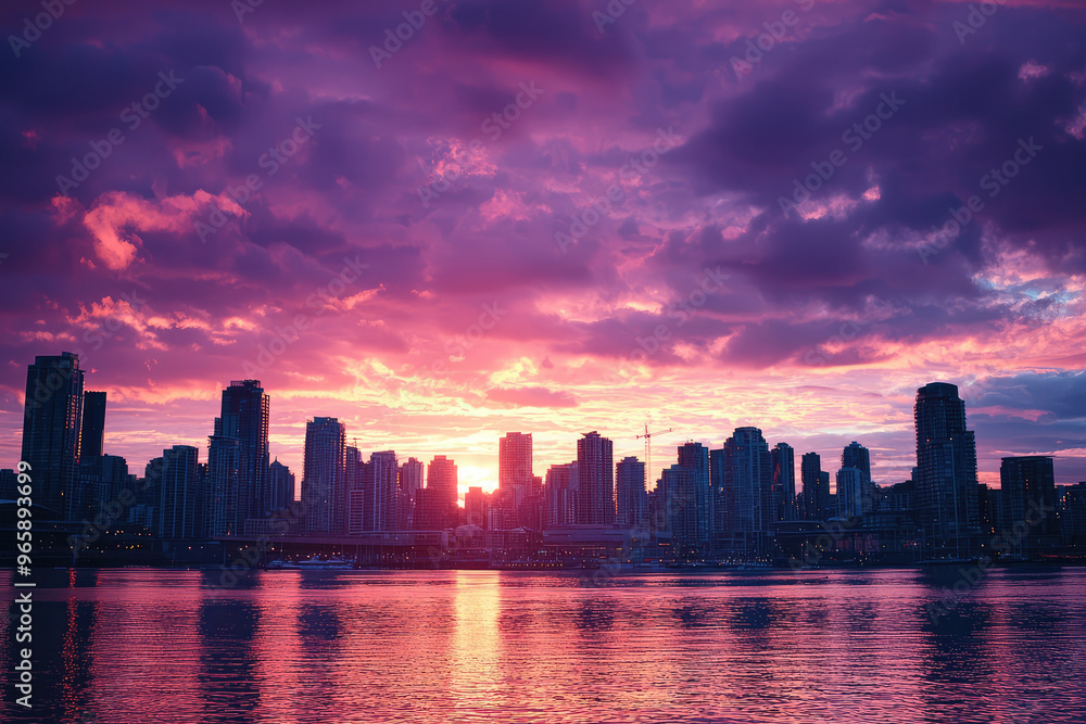Fototapeta premium A stunning urban skyline with dramatic sunset backdrop, showcasing vibrant colors reflecting on water. scene captures beauty of city life at dusk