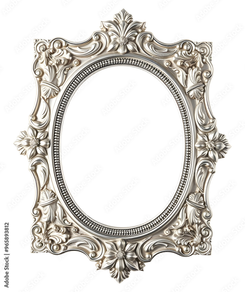 Oval Silver frame with patterns isolated on transparent background