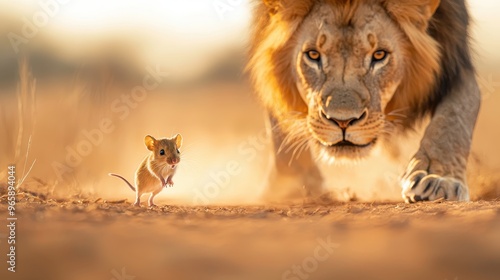 Mouse standing before a crouching lion in the desert symbolizing courage and survival in the face of great odds photo