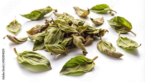 Dried Basil Leaves Spread on White Background