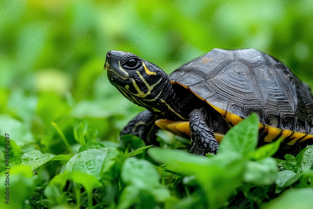 Turtle moving through the grasslands, blending in with the foliage as it slowly navigates its way home Turtle moving through the grasslands, blending in with the foliage as it slowly navigates its way home