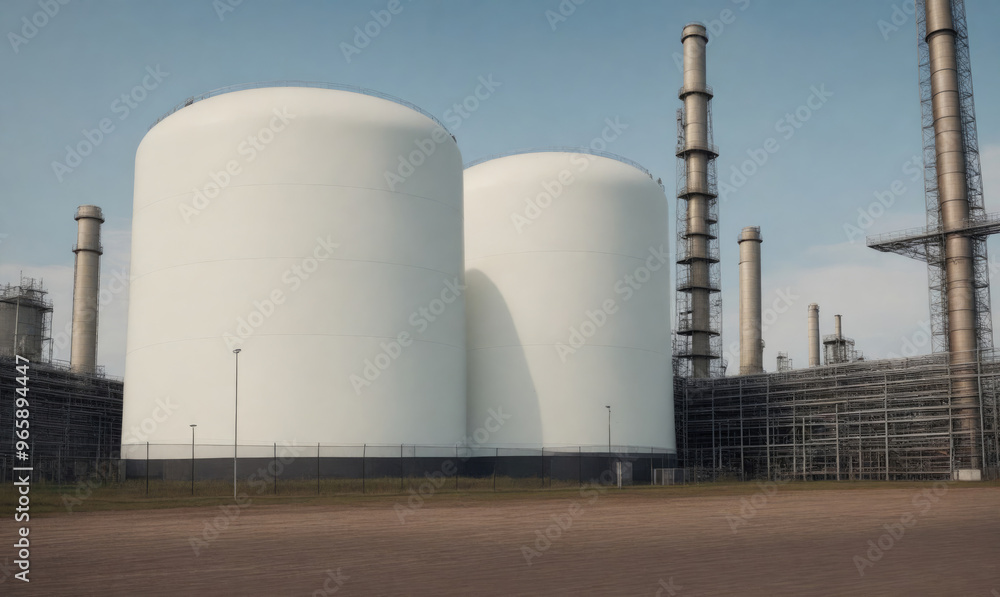 Two large white tanks stand in front of a complex industrial facility Two large white tanks stand in front of a complex industrial facility