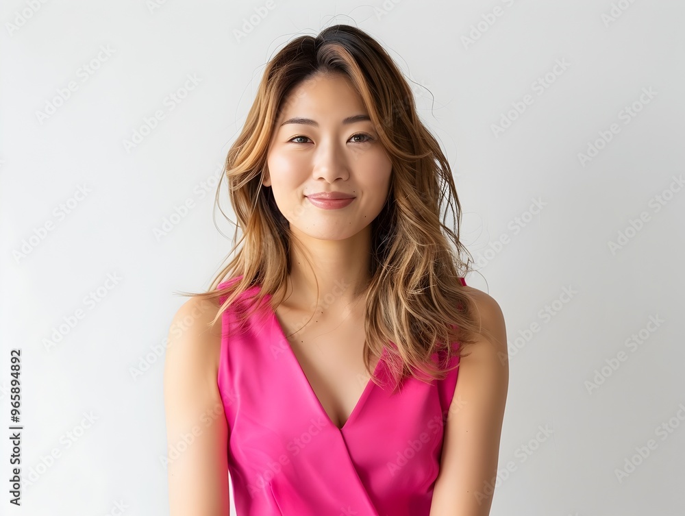 Attractive Chic Japanese Woman in Pink Dress Smiling on White Background Attractive Chic Japanese Woman in Pink Dress Smiling on White Background
