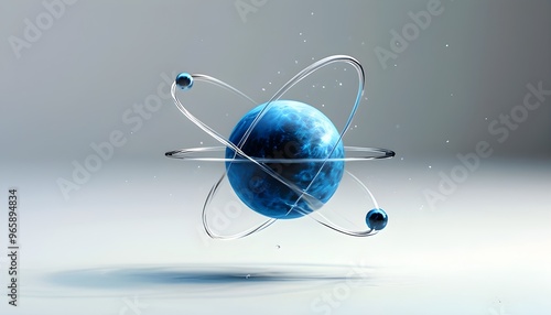 Stylized atom illustration featuring blue electrons revolving around a black nucleus, embodying concepts of science, physics, chemistry, and education.