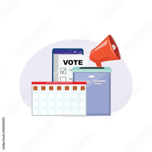 Election concept with a voting box, megaphone, and date reminder, encouraging democratic engagement
