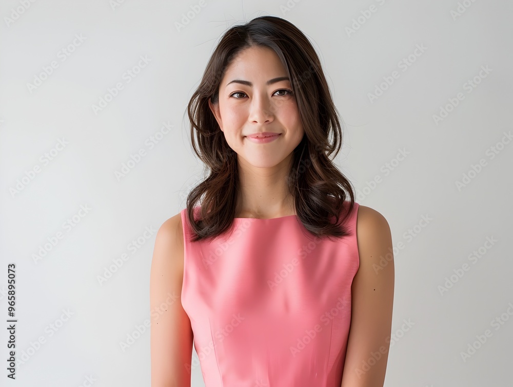 Attractive Smiling Asian Woman in Pink Dress on White Background Attractive Smiling Asian Woman in Pink Dress on White Background