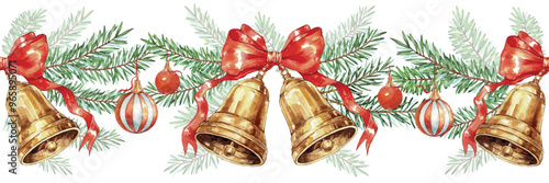 Watercolor Christmas seamless border of spruce green branches, red Christmas balls and Bells. 
Christmas Bells with red bow. Vector Illustration for patterns, greeting cards and invitations.