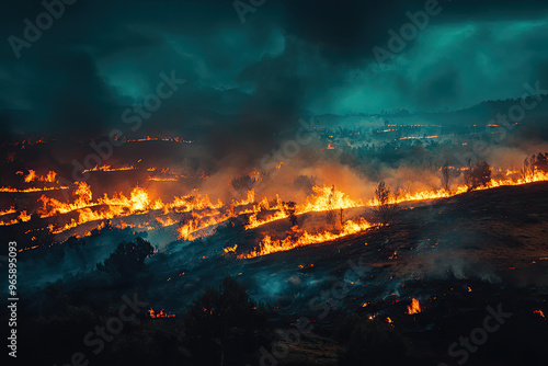 Wildfires raging in dry, hot landscape create dramatic and intense scene. flames illuminate dark sky, showcasing destructive power of nature