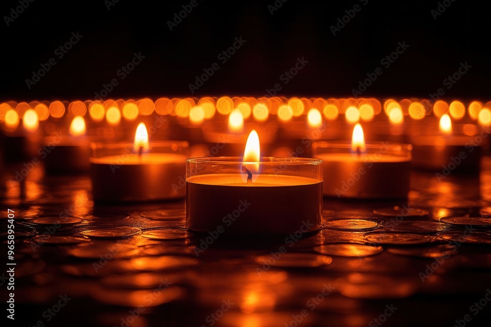 american flag draped solemnly over row of flickering memorial candles soft focus creating respectful ambiance patriotic tribute on somber background honoring fallen heroes american flag draped solemnly over row of flickering memorial candles soft focus creating respectful ambiance patriotic tribute on somber background honoring fallen heroes