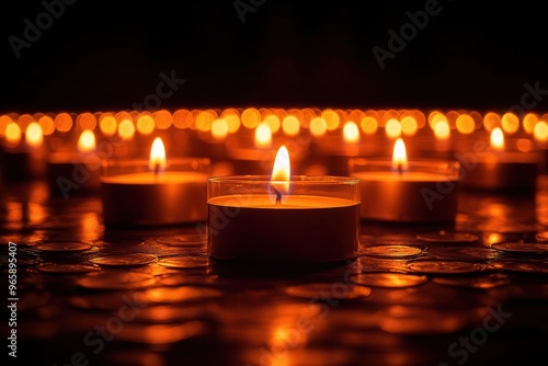 american flag draped solemnly over row of flickering memorial candles soft focus creating respectful ambiance patriotic tribute on somber background honoring fallen heroes