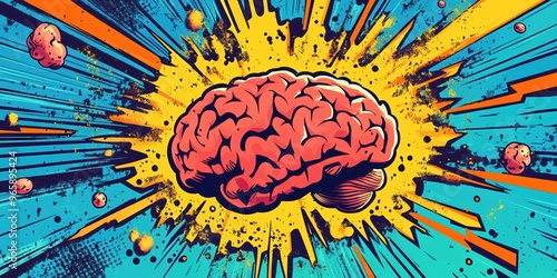 A dynamic pop art illustration of a brain exploding with energy, surrounded by endorphin molecules in vibrant, bold colors, symbolizing mental stimulation, creativity, and happiness