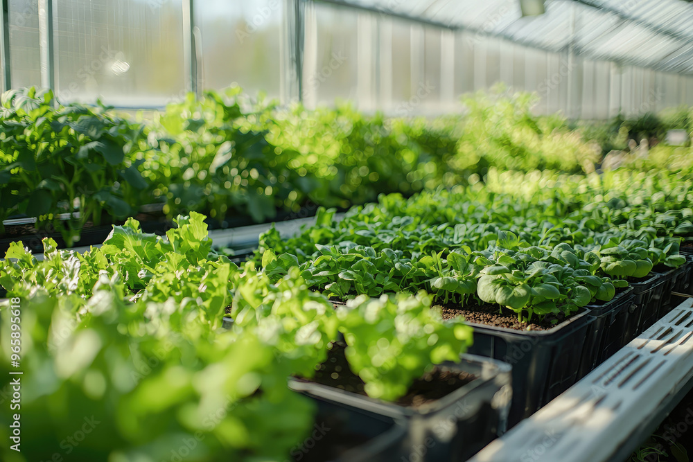 Indoor farm with an emphasis on biodiversity, showcasing vibrant green plants in greenhouse. lush foliage creates serene and productive atmosphere, ideal for sustainable agriculture Indoor farm with an emphasis on biodiversity, showcasing vibrant green plants in greenhouse. lush foliage creates serene and productive atmosphere, ideal for sustainable agriculture