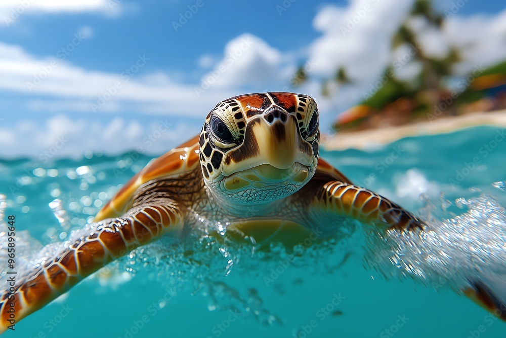 Obraz premium Turtle swimming toward the surface of the ocean, breaking through the waves to catch a breath of air