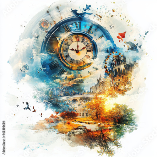 clock time abstract landscape watercolor nature art fantasy illusion dream artistic hourglass surreal symbol sunset motion creativity colors time travel 