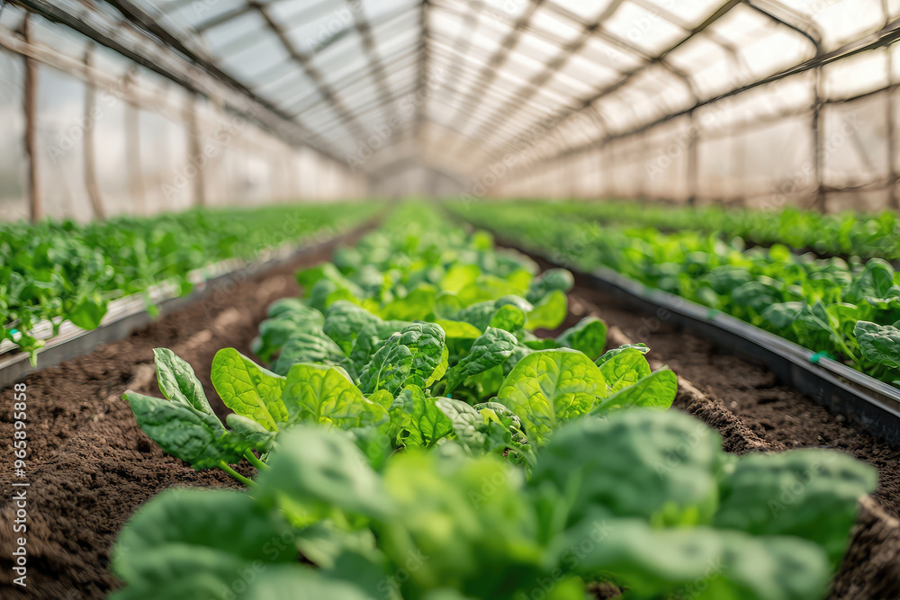 Indoor farm with automated planting and harvesting systems showcases vibrant green spinach plants thriving in rich soil. greenhouse environment promotes healthy growth and sustainability Indoor farm with automated planting and harvesting systems showcases vibrant green spinach plants thriving in rich soil. greenhouse environment promotes healthy growth and sustainability
