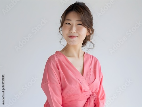 Charming Asian Woman in Pink Dress Smiles Confidently on White Background