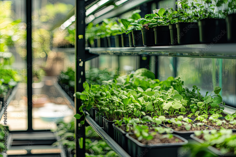 Indoor farm with diverse plant species for research, showcasing vibrant greenery and organized rows of seedlings in pots. atmosphere is lively and nurturing Indoor farm with diverse plant species for research, showcasing vibrant greenery and organized rows of seedlings in pots. atmosphere is lively and nurturing