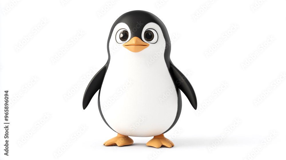 Fototapeta premium Cute cartoon penguin standing cheerfully on a white background with big expressive eyes