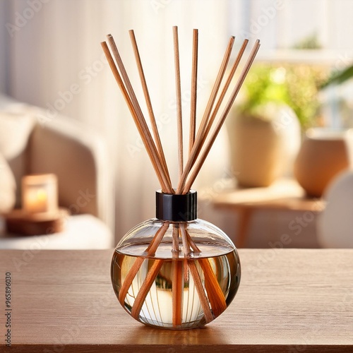 home fragrance diffuser with wooden reed sticks, AI generated photo