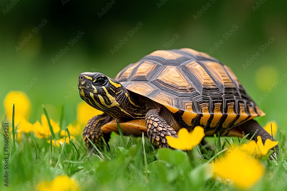 Obraz premium Turtle walking slowly but steadily through a meadow covered in wildflowers, enjoying the calm and open space
