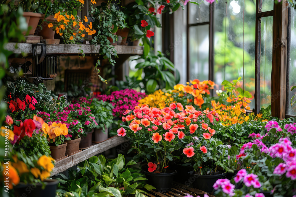 Obraz premium Vibrant indoor garden filled with colorful flowers and lush plants, creating lively and inviting atmosphere. arrangement showcases variety of blooms, enhancing beauty of space
